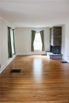 Empty room, Fireplace, Interior, Stone Walls, Wood Texture Flooring