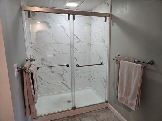Bathroom, Glass Shower, Interior, Marble Walls, Recessed Lighting