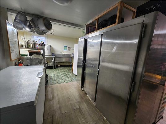 Fireplace, Interior, Kitchen, Stainless Steel Appliances, Wood Texture Flooring