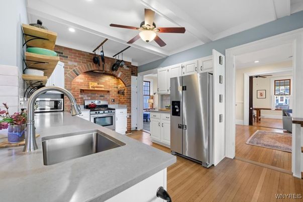 Interior, Kitchen, Recessed Lighting, Stainless Steel Appliances, Stone Walls, Wood Texture Flooring
