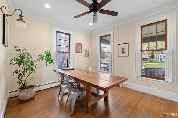Dining room, Interior, Recessed Lighting, Wood Texture Flooring