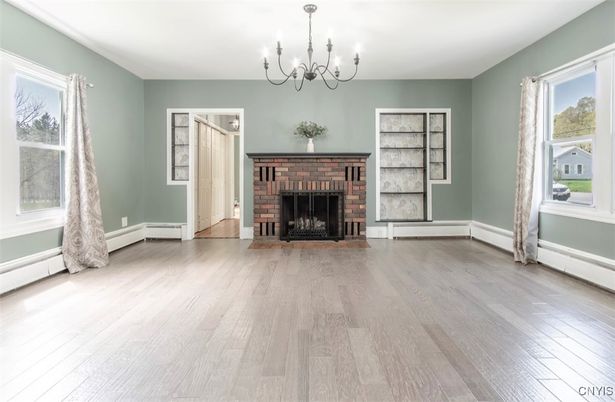 Chandelier, Empty room, Fireplace, Interior, Wood Texture Flooring