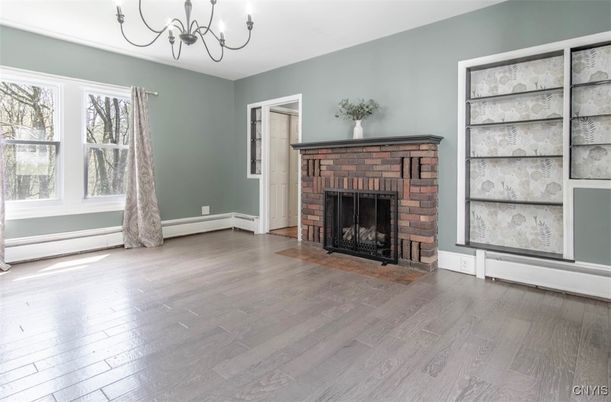 Chandelier, Empty room, Fireplace, Interior, Wood Texture Flooring