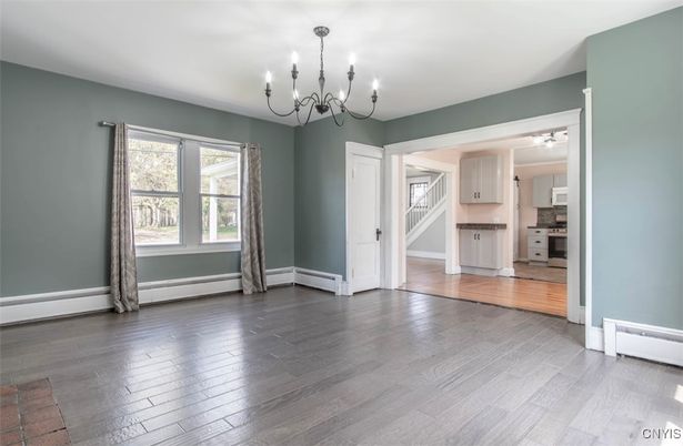 Chandelier, Empty room, Interior, Kitchen, Wood Texture Flooring