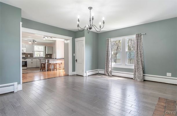 Chandelier, Empty room, Interior, Kitchen, Wood Texture Flooring