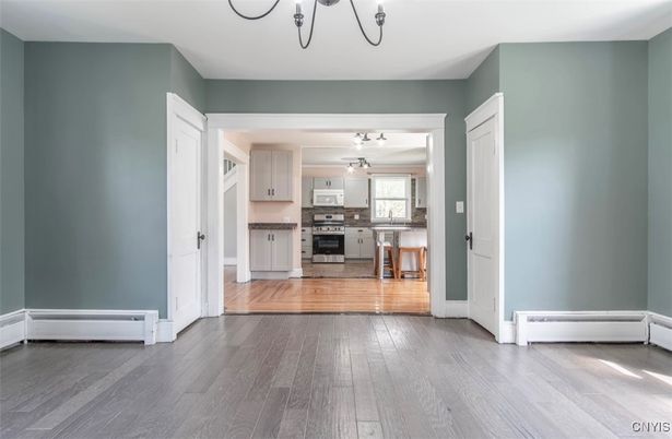 Chandelier, Interior, Kitchen, Stainless Steel Appliances, Wood Texture Flooring