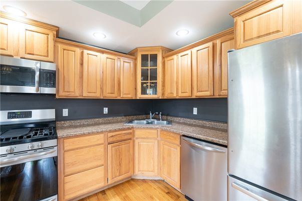 Interior, Kitchen, Recessed Lighting, Stainless Steel Appliances, Wood Texture Flooring