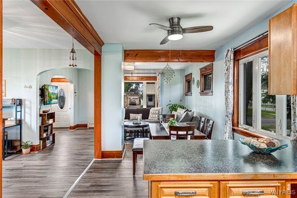 Dining room, Interior, Living room, Pendant Lights, Wood Texture Flooring