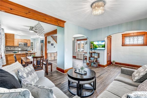 Dining room, Interior, Kitchen, Living room, Stainless Steel Appliances, Wood Texture Flooring