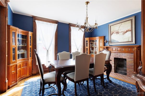 Chandelier, Dining room, Fireplace, Interior, Wood Texture Flooring