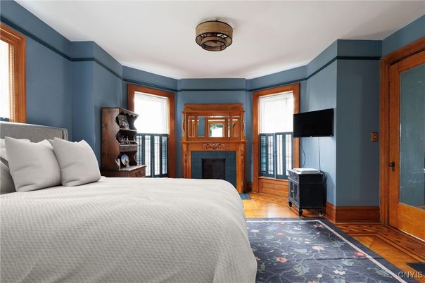 Bedroom, Fireplace, Interior, Wood Texture Flooring