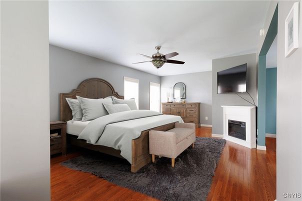 Bedroom, Fireplace, Interior, Wood Texture Flooring