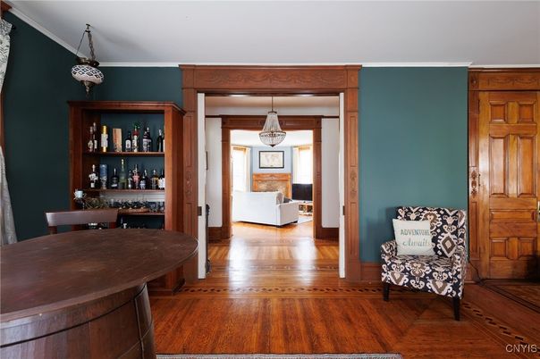 Dining room, Interior, Pendant Lights, Wood Texture Flooring