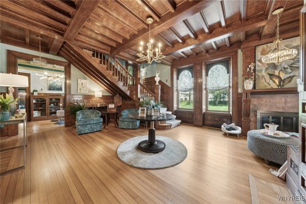 Chandelier, Fireplace, Interior, Living room, Pendant Lights, Wooden Beams, Wooden Ceilings, Wood Texture Flooring, Wooden Walls