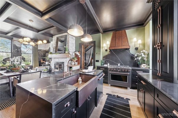 Fireplace, Interior, Kitchen, Pendant Lights, Stainless Steel Appliances, Wood Texture Flooring