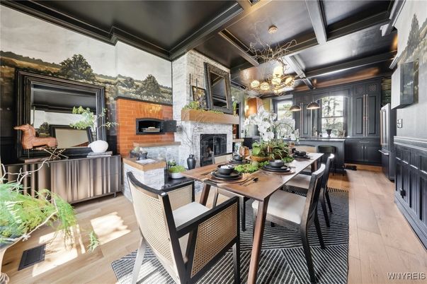 Dining room, Fireplace, Interior, Stone Walls, Wood Texture Flooring