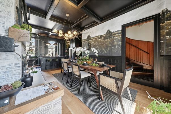 Chandelier, Dining room, Fireplace, Interior, Wood Texture Flooring