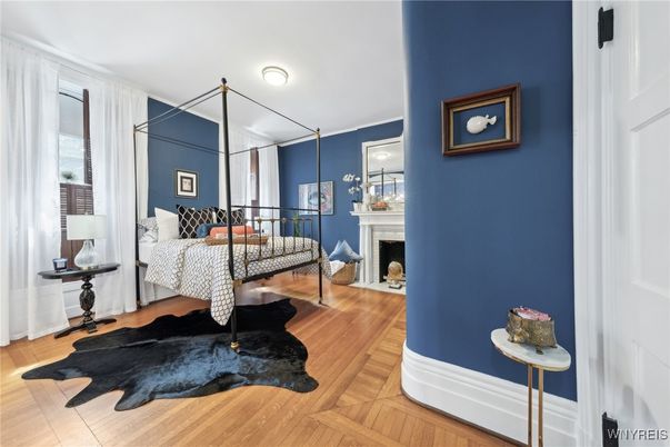 Bedroom, Fireplace, Interior, Wood Texture Flooring