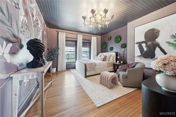 Bedroom, Chandelier, Interior, Wood Texture Flooring