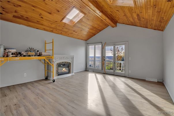 Empty room, Fireplace, Interior, Wooden Beams, Wooden Ceilings, Wood Texture Flooring