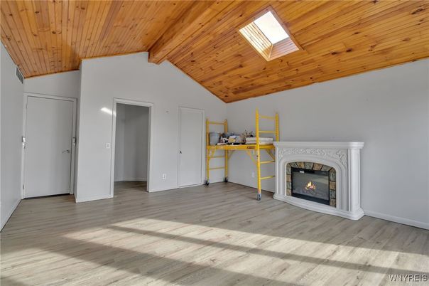 Empty room, Fireplace, Interior, Wooden Beams, Wooden Ceilings, Wood Texture Flooring