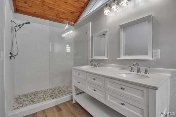 Bathroom, Dual Sink Vanities, Glass Shower, Interior, Wooden Ceilings, Wood Texture Flooring