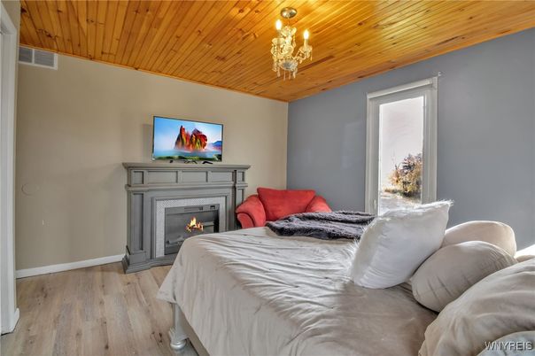 Bedroom, Fireplace, Interior, Wooden Ceilings, Wood Texture Flooring