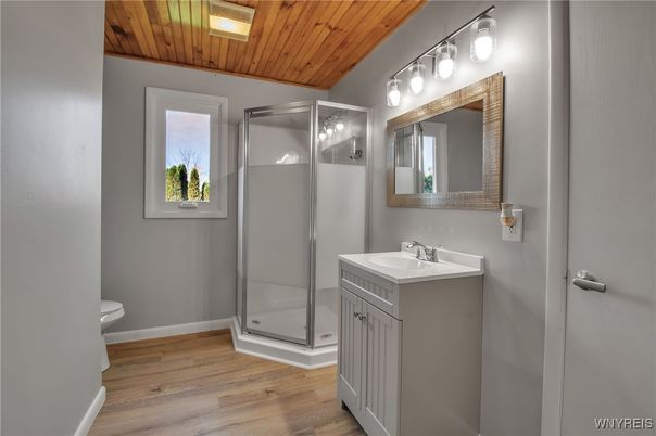 Bathroom, Glass Shower, Interior, Wooden Ceilings, Wood Texture Flooring
