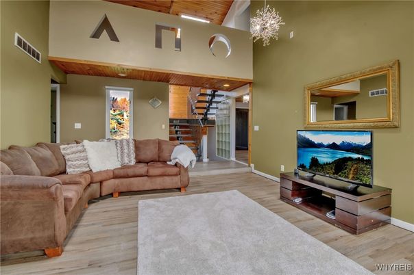Chandelier, Interior, Living room, Recessed Lighting, Wooden Ceilings, Wood Texture Flooring