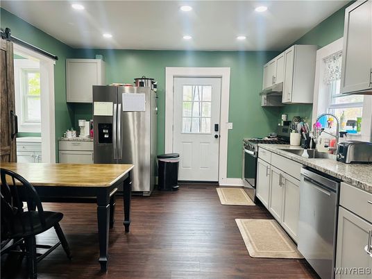 Interior, Kitchen, Recessed Lighting, Stainless Steel Appliances, Wood Texture Flooring