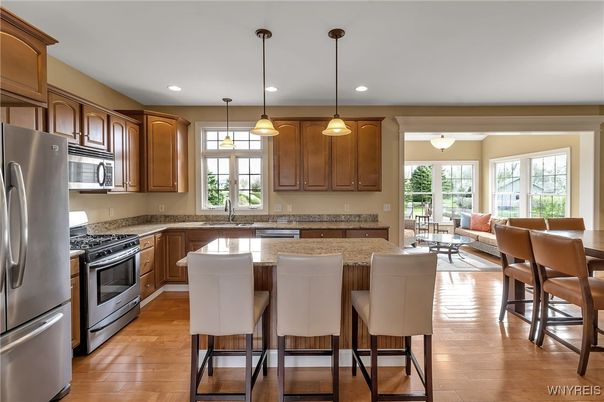 Interior, Kitchen, Living room, Pendant Lights, Recessed Lighting, Stainless Steel Appliances, Wood Texture Flooring
