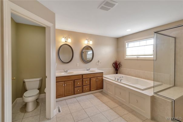 Bathroom, Dual Sink Vanities, Glass Shower, Interior, Recessed Lighting