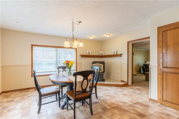 Dining room, Fireplace, Interior, Pendant Lights