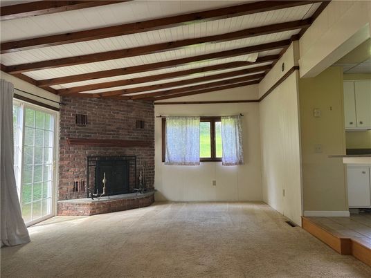 Empty room, Fireplace, Interior, Stone Walls, Wooden Beams