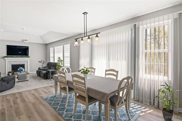 Dining room, Fireplace, Interior, Living room, Pendant Lights, Wood Texture Flooring