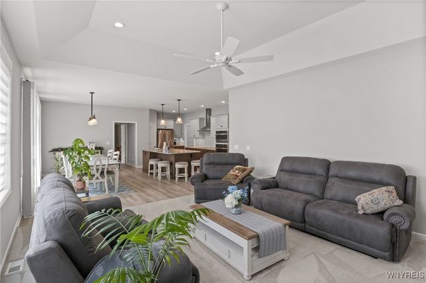 Dining room, Interior, Kitchen, Living room, Pendant Lights, Recessed Lighting, Stainless Steel Appliances, Wood Texture Flooring