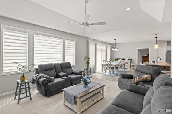 Dining room, Interior, Living room, Pendant Lights, Recessed Lighting, Wood Texture Flooring