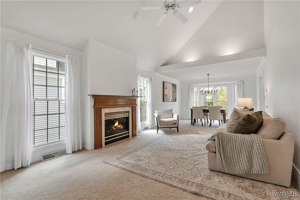 Dining room, Fireplace, Interior, Living room, Pendant Lights, Wood Texture Flooring