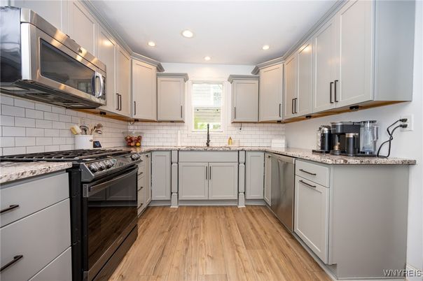 Interior, Kitchen, Recessed Lighting, Stainless Steel Appliances, Wood Texture Flooring