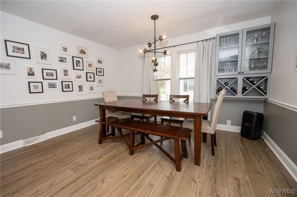 Dining room, Interior, Pendant Lights, Wood Texture Flooring