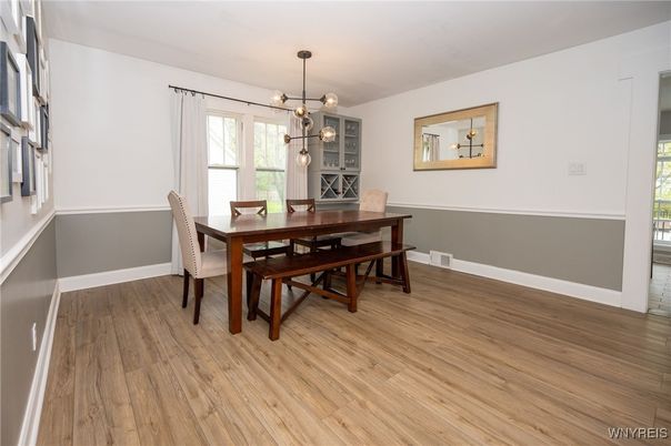 Dining room, Interior, Pendant Lights, Wood Texture Flooring