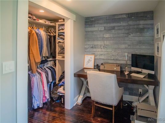 Home Office, Interior, Recessed Lighting, Walk-in Closets, Wood Texture Flooring, Wooden Walls