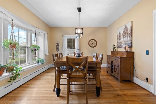 Dining room, Interior, Pendant Lights, Wood Texture Flooring