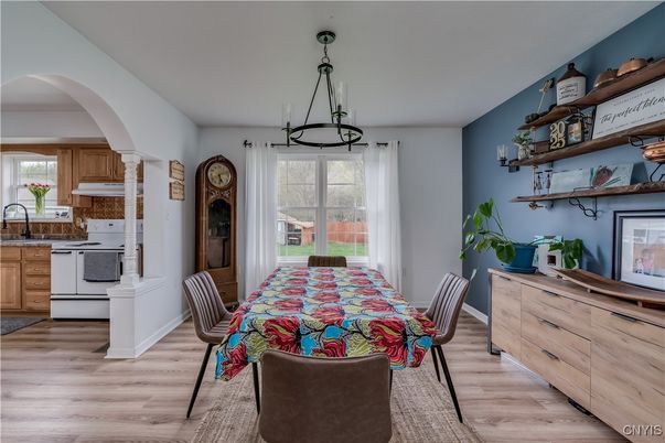 Dining room, Interior, Kitchen, Pendant Lights, Wood Texture Flooring