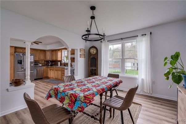Dining room, Interior, Kitchen, Pendant Lights, Stainless Steel Appliances, Wood Texture Flooring