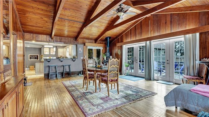 Dining room, Interior, Kitchen, Recessed Lighting, Wooden Beams, Wooden Ceilings, Wood Texture Flooring, Wooden Walls