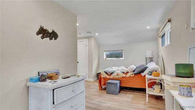 Bedroom, Interior, Recessed Lighting, Wood Texture Flooring