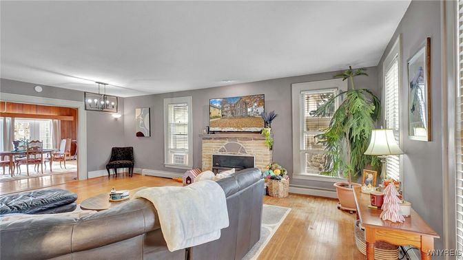 Dining room, Fireplace, Interior, Living room, Pendant Lights, Wood Texture Flooring