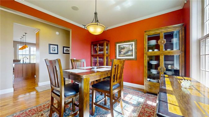 Dining room, Interior, Pendant Lights, Wood Texture Flooring