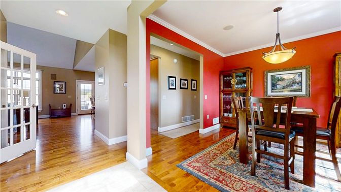 Dining room, Interior, Pendant Lights, Recessed Lighting, Wood Texture Flooring